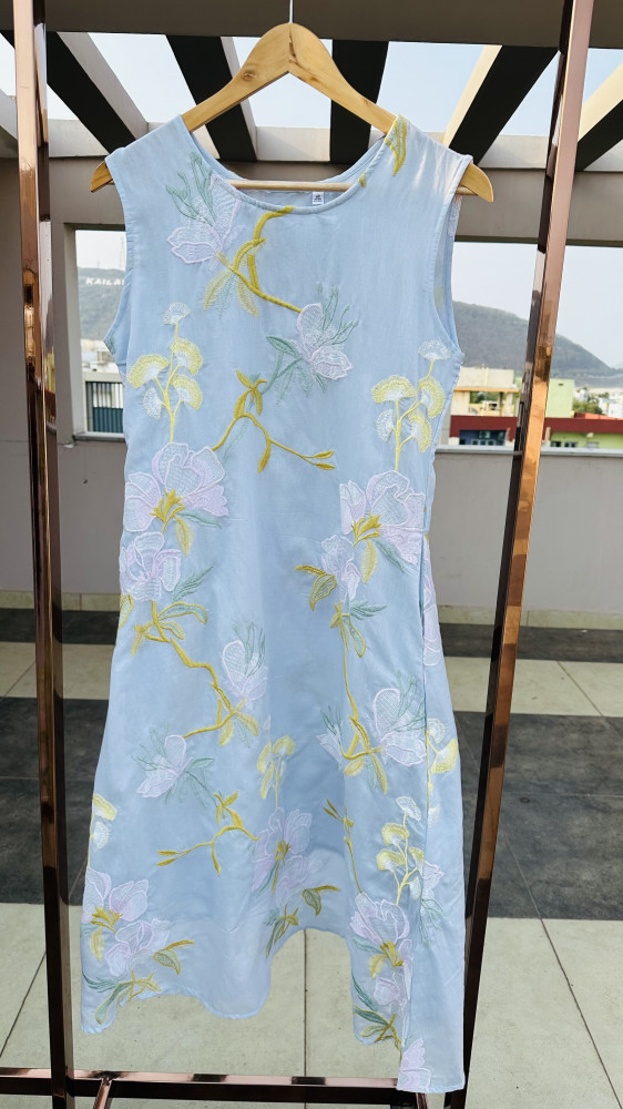 Image of Cotton viscose front and back embroidered dress with additional 3/4 sleeves