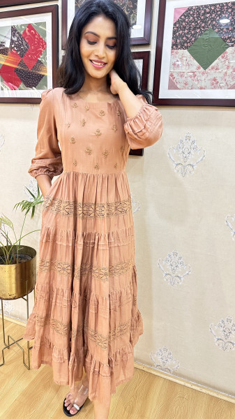 Pure Mul cotton dress with attached inner and lace and thread detailing