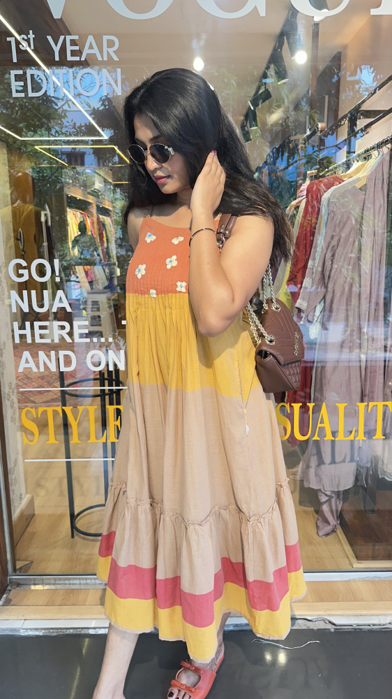 Image of Mul Cotton layered Dress with thread detailing