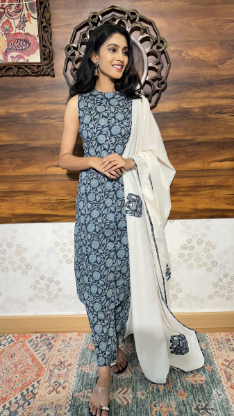 Pure cotton Ajrakh halter neck kurta set with appliqué dupatta