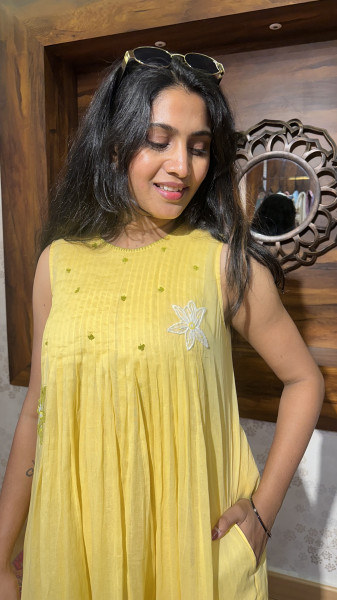 Mul Cotton embroidered dress with 3/4 sleeves and organza layering