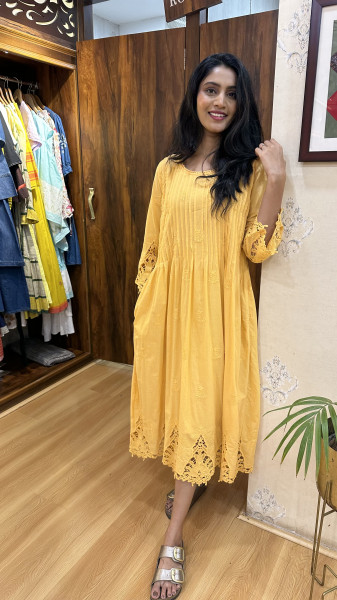 Mul cotton completely embroidered and cut work detailed Dress