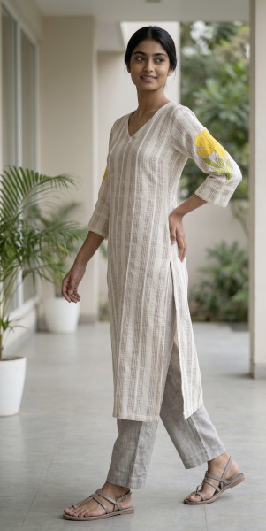 Linen cotton embroidered, lace and appliqué detailed kurta set