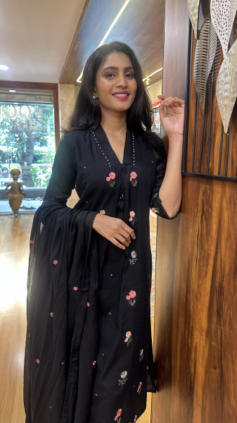 Mul cotton fully embroidered kurta paired with straight pants and dupatta