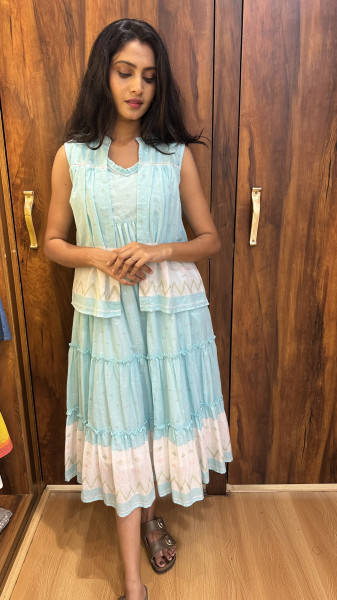 Jamdani Powder Blue Dress with Attached sleeves and short jacket