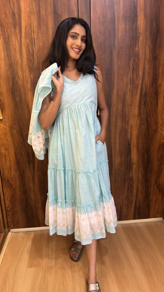 Jamdani Powder Blue Dress with Attached sleeves and short jacket