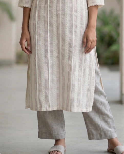 Linen cotton embroidered, lace and appliqué detailed kurta set