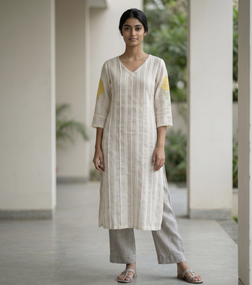 Image of Linen cotton embroidered, lace and appliqué detailed kurta set