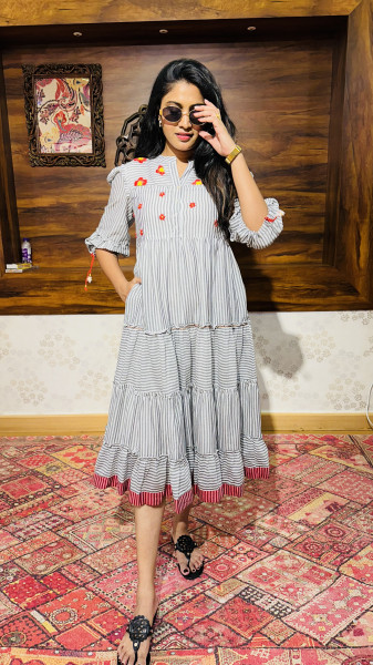 Mul Cotton striped, weaved and embroidered dress