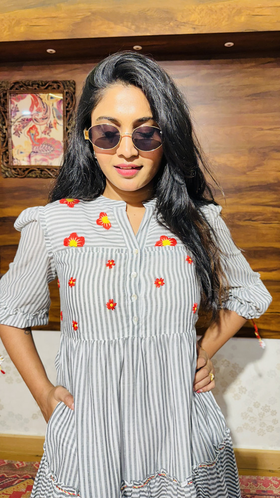 Image of Mul Cotton striped, weaved and embroidered dress