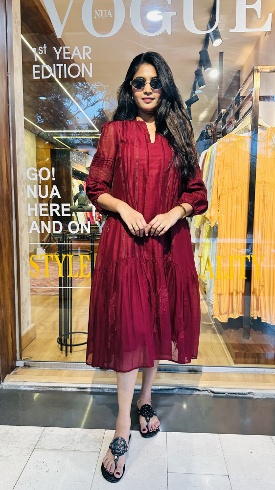 Image of Mul Cotton self embroidered dress