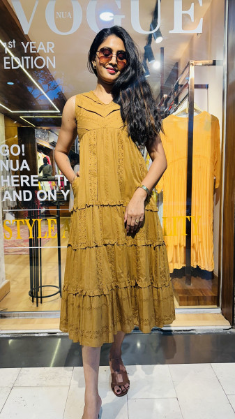 Mul Cotton Hakoba and Embroidered Dress with 3/4 sleeves