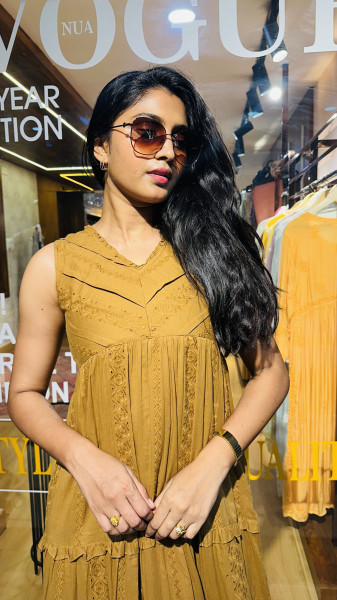 Mul Cotton Hakoba and Embroidered Dress with 3/4 sleeves