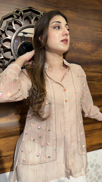 Mul chanderi embroidered co-ord set with stretchable inner