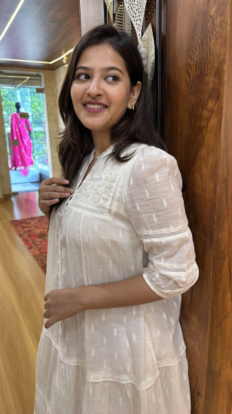 Self weaved Mul cotton embroidered Knee Length Dress