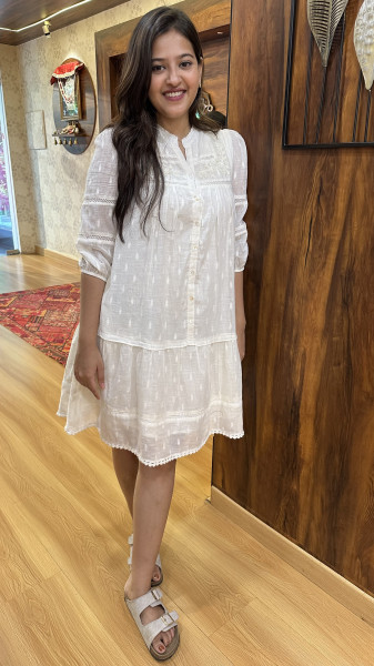 Self weaved Mul cotton embroidered Knee Length Dress