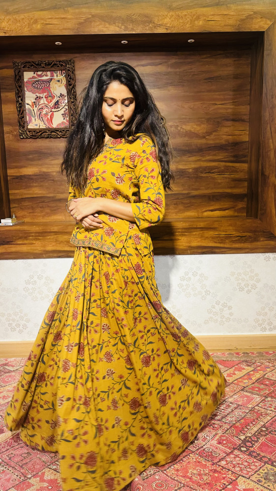 Image of Cotton Kalamkari skirt paired with tunic
