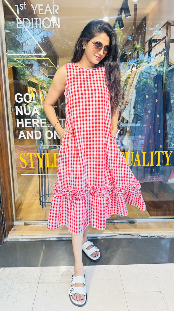 Image of Pure cotton gingham Dress with 3/4 sleeves