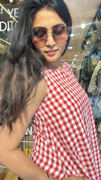Pure cotton gingham Dress with 3/4 sleeves