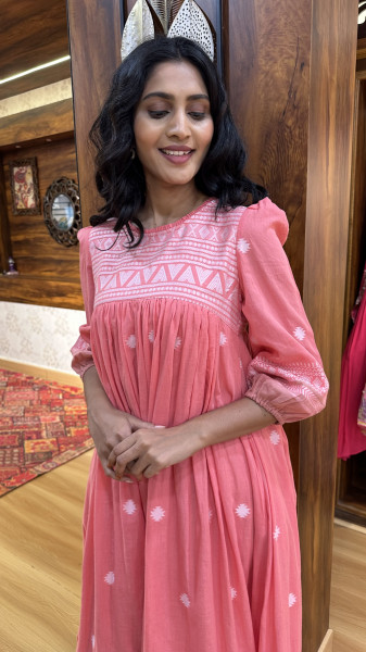 Coral Mul cotton Jamdani Dress