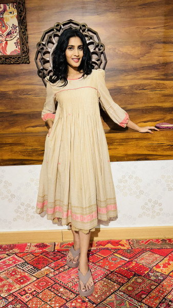 Mul cotton Beige Jamdani Dress with attached inner