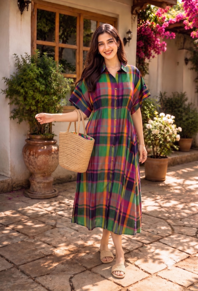 Image of Cotton Madras checks kaftan Dress