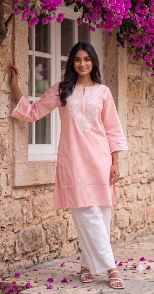 Image of Pure cotton Kashmiri embroidered kurta paired with Farsi pants