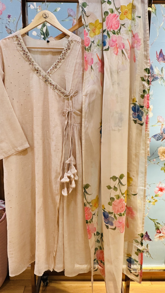 Image of Mul chanderi kurta set with mukaish detailing and hand painted organza dupatta