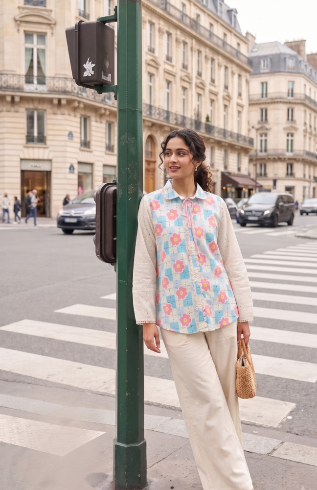 Image of Pure cotton Coordinated set with hakoba sleeves and lace detailing