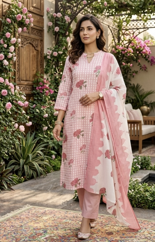 Image of Pure cotton gingham kurta set with Kota Doria dupatta