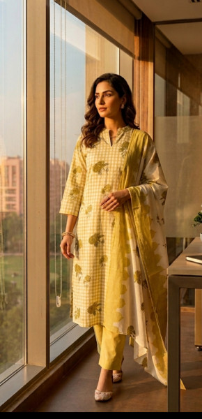 Pure cotton gingham kurta set with Kota Doria dupatta