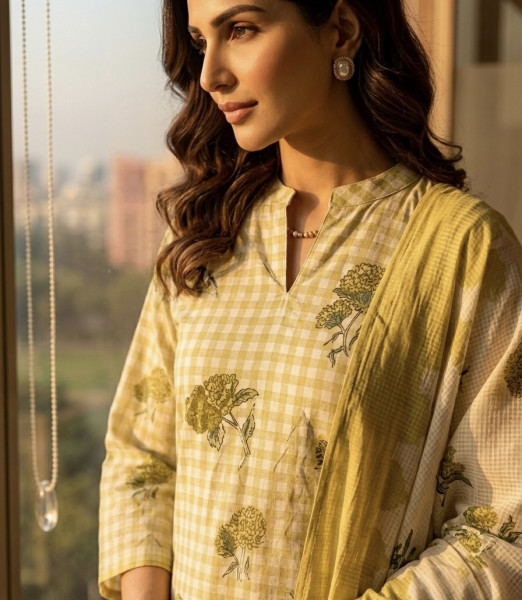 Pure cotton gingham kurta set with Kota Doria dupatta