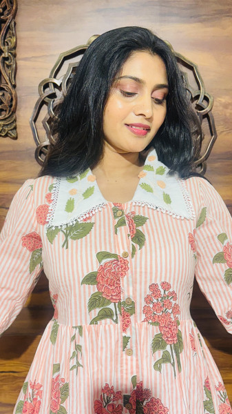 Block Print Cotton Dress with Peter Pan Embroidered collar