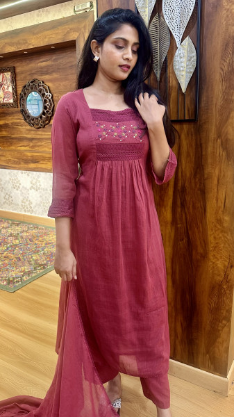 Pure Mul cotton embroidered and laced kurta paired straight pants and dupatta
