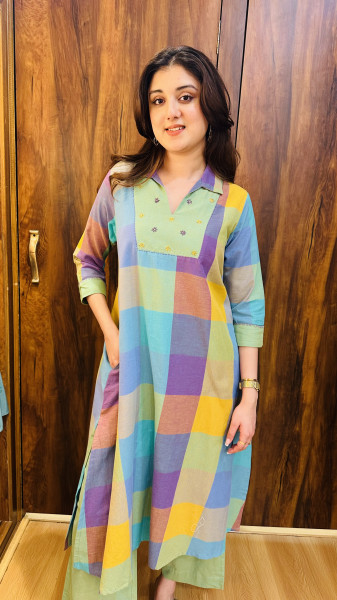 Pure handloom cotton Madras checks embroidered kurta set