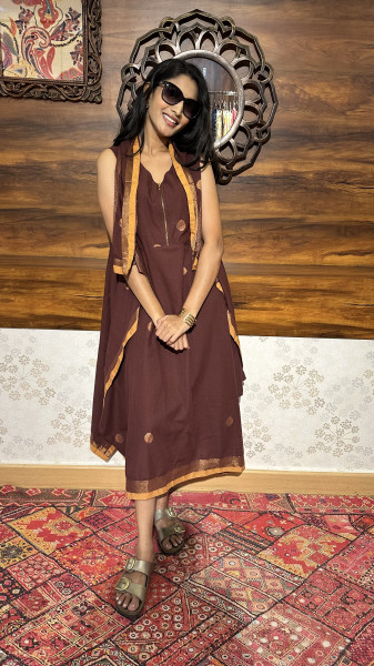Mul cotton zari weaved asymmetrical Dress with 3/4 sleeves and overlay