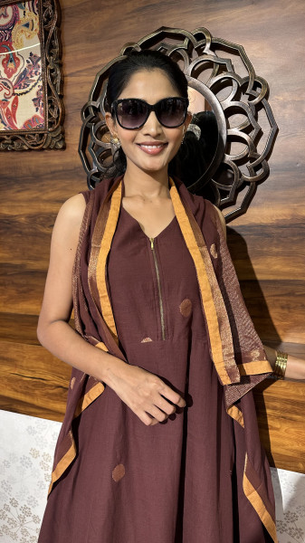 Mul cotton zari weaved asymmetrical Dress with 3/4 sleeves and overlay
