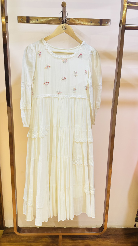 Image of Mul crushed cotton embroidered Dress with French lace and attached lining