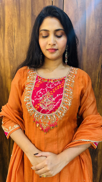 Mul chanderi Bandhani fit and flare  kurta set with intricate hand detailing