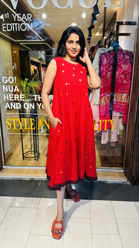 Image of Mul Cotton Jamdani and embroidered Dress with 3/4 sleeves