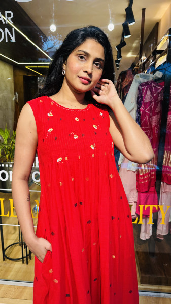 Mul Cotton Jamdani and embroidered Dress with 3/4 sleeves