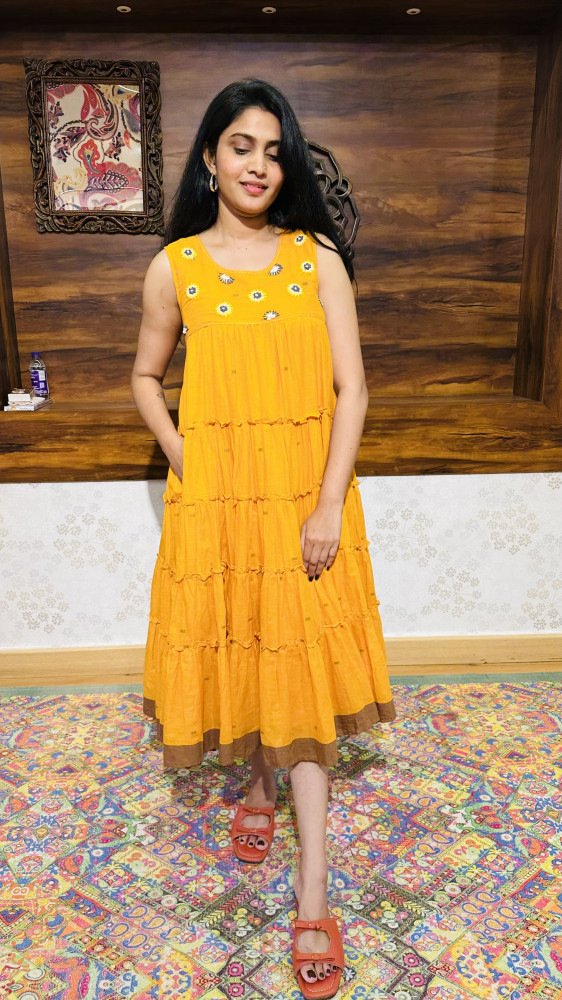 Image of Mul Cotton Jamdani and embroidered Dress with 3/4 sleeves