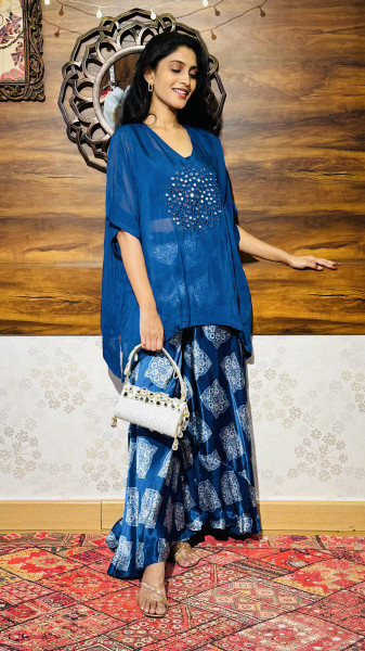 Organza shrug with gaji silk palazzo and crop top