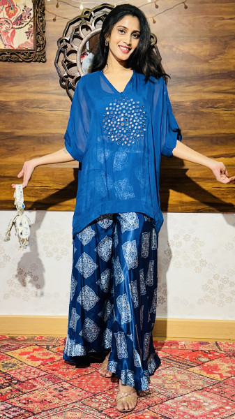 Organza shrug with gaji silk palazzo and crop top