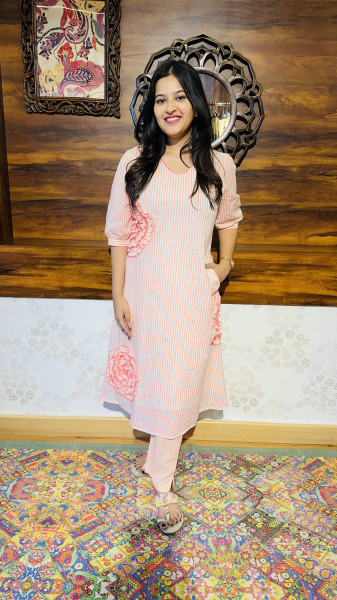 Pure cotton striped kurta with floral 3d appliqué detailing paired with straight pants