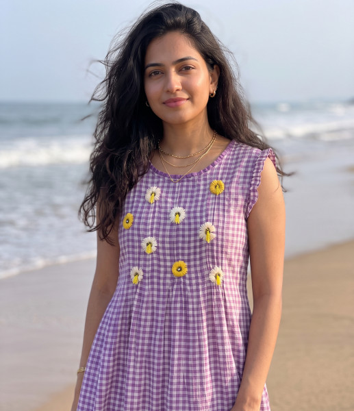 Mul Cotton checkered Jamdani  Dress with Embroidery