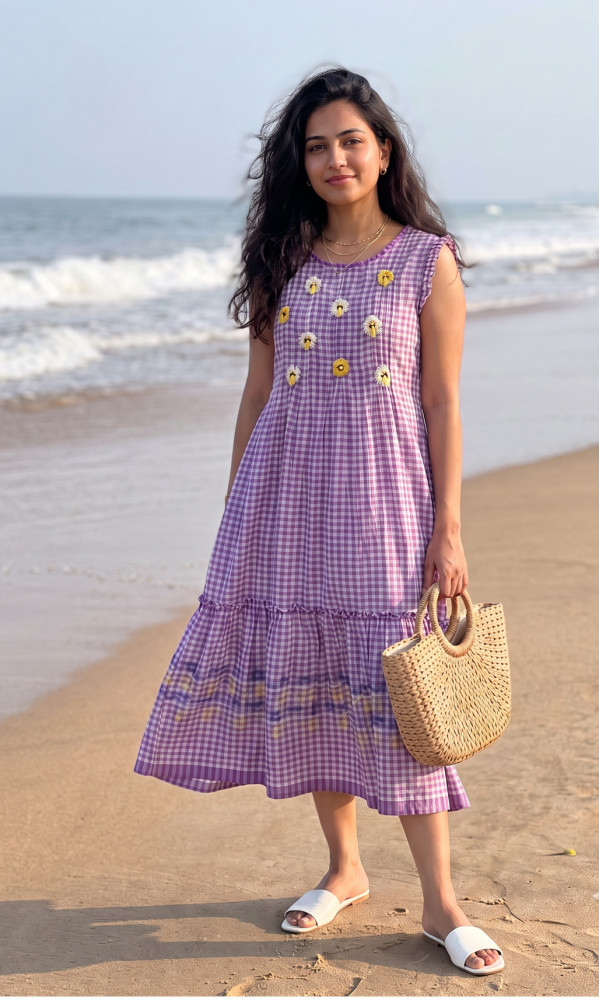 Image of Mul Cotton checkered Jamdani  Dress with Embroidery