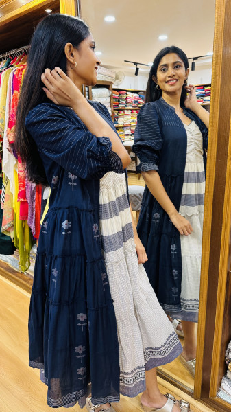 Mul Cotton Checkered Dress with Weaved overlay