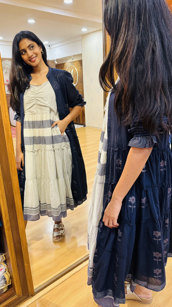 Image of Mul Cotton Checkered Dress with Weaved overlay