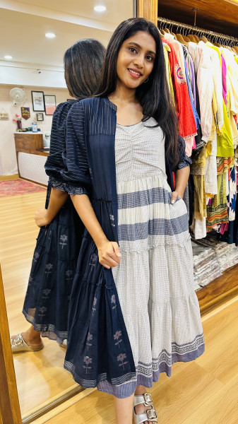 Mul Cotton Checkered Dress with Weaved overlay